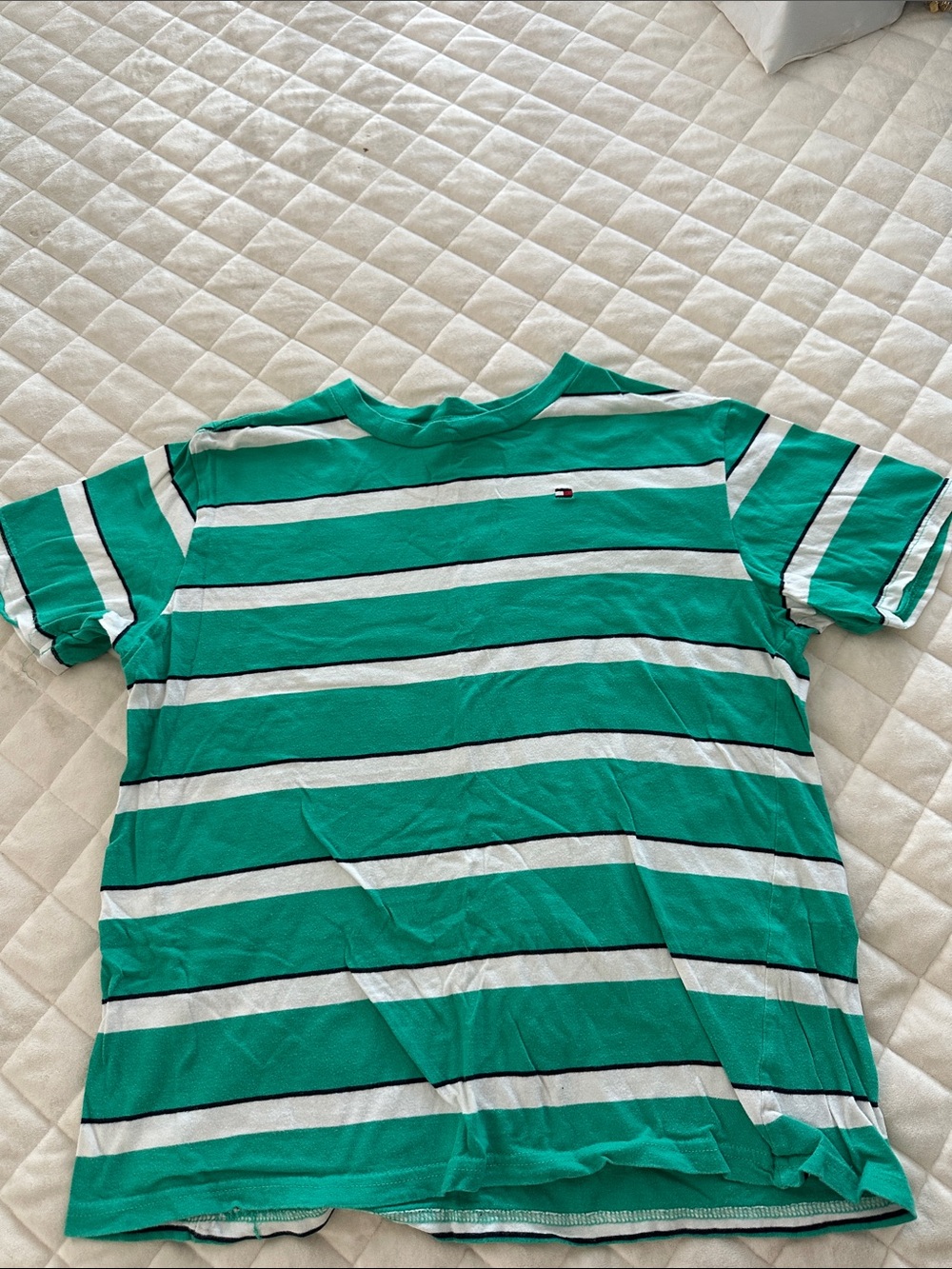 Tommy Hilfiger Green, White & Black Striped Kids Tee